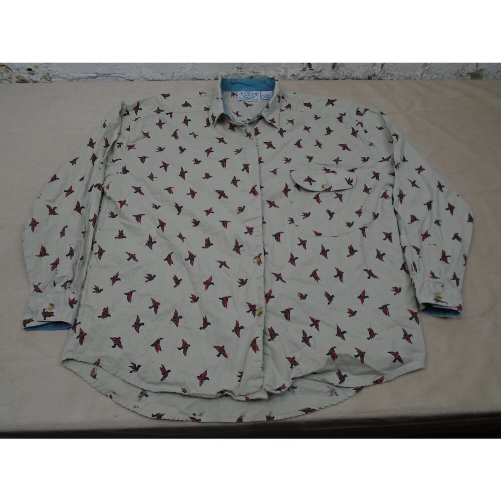 Kyoto Kasuals Shirt Womens Medium Ivory Bird Print Button Up Long Sleeve